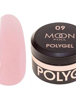 Полігель для нарощування нігтів moon full polygel №09 натурально-рожевий з шиммером, 15 мл