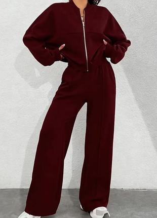 Жіночий костюм (бомбер з штанами палаццо) кольору бордо розмір l