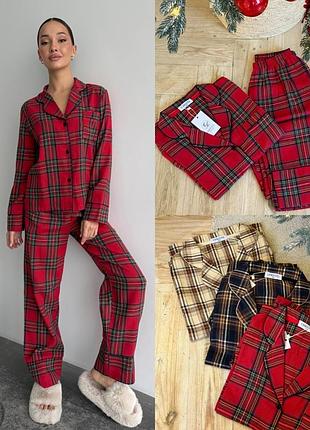 Мягкая пижама двойка с рубашкой и брюками в клетку из фланели 6 цветов