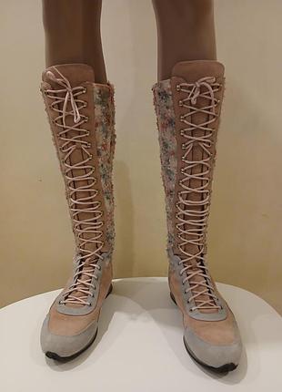 Сапоги на шнуровке,з розового твида на замше.38 размер