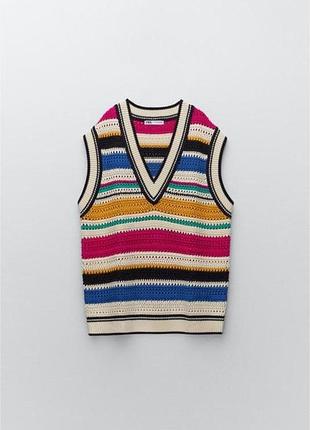 Вязаный жилет оверсайз rainbow crochet vest, полосатая жилетка, пуловер без рукавов zara