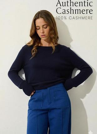 Кашеміровий джемпер лонгслів 100 % кашемір authentic cashmere середня вязка тонкий кашемир кофта світер темно-синій горловина лодочка прямий l пуловер