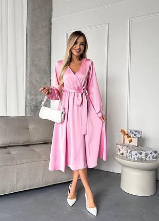 Шелковое платье миди сверху на запах с поясом