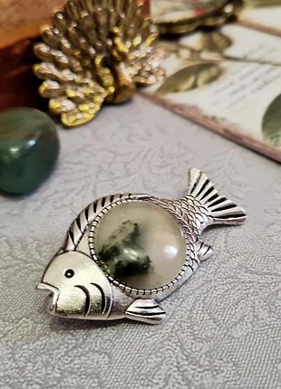 🔺🐟✨ оригинальная брошь "рыба" в винтажном стиле натуральный моховый агат