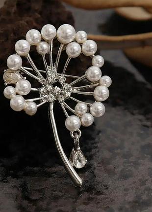 Брошь одуванчик с жемчужинами, брошка с одуванчиком, брошка с одуванчиком, брошь с цветком, брошка с жемчужинами, брошка с жемчугом, брошка цветок