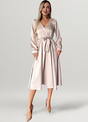Платье женская шелковая миди а силуэта с рукавами фонариками с поясом элегантное стильное праздничное вечернее с v вырезом декольте платье бежевое