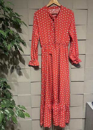 Платье длинное красное в горох р.l
