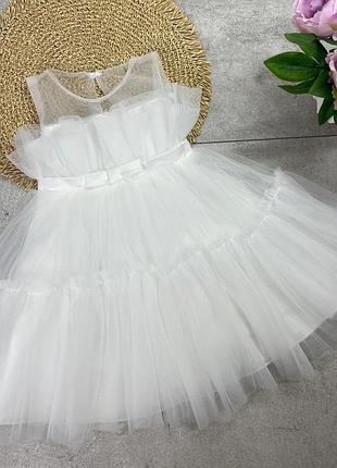 Распродажа новогоднее праздничное платье белая фатин пушистое платье бант для девочки