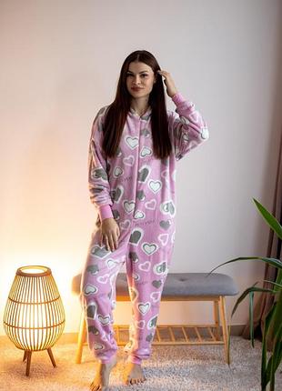 Теплая женская пижама комбинезон, женский комбез кигуруми махровый, домашний костюм махровый, плюшевая пижама