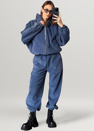Костюм женский флисовый оверсайз кофта с капюшоном на молнии и штаны джоггеры стильный теплый повседневный комплект двойка полар флис синий джинс