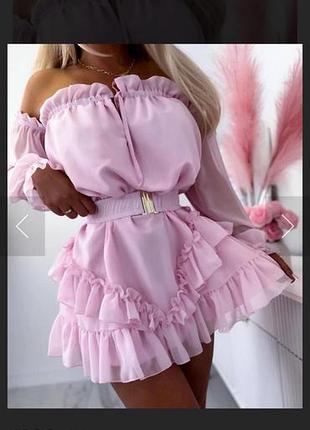 Шифоновое яркое розовое платье сарафан с рюшами из креп шифона