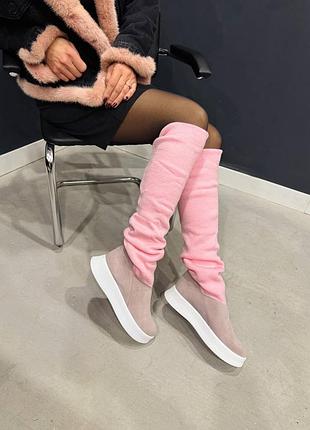 Чоботи - панчохи італійська замша та текстиль рожеві