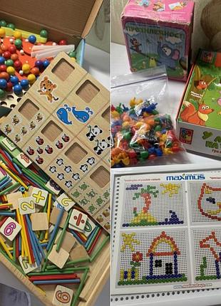 Розвиваючі ігри деревʼяні , мозаїка, картки, звірі , математичний рахунок . палички , гра меморі
