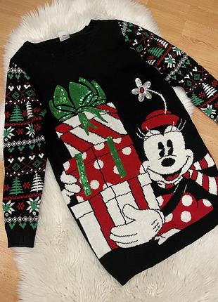 Новогодний  длинный свитер микки маус с пайетками