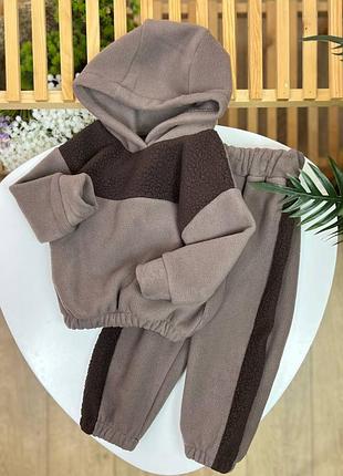 Детский теплый флисовый костюм для малыша двойка худи с капюшоном брюки на резинке мягкий