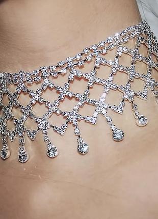 Широкий чокер камені стрази, блискуче кольє стрази, сріблястий чокер кристали