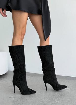 Сапоги женские черные демисезон / демисезон сапоги на каблуке / сапоги с камушками / сияющие сапоги на каблуке