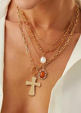 Комплект насист украшений с подвесками: крест, бусина, бисер комбинированные