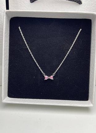 Знижка кольє pandora стиль | рожевий бантик | срібне кольє | подвеска пандора