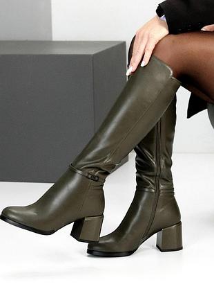 Элегантные женские зелёные сапоги зимние сапоги теплые на меху натуральный мех эко-кожа зима