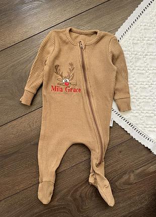 Коричневий бавовняний трикотажний сліп чоловічок на замочку в рубчик з оленем різдвяний новорічний 0-3 міс 62 см