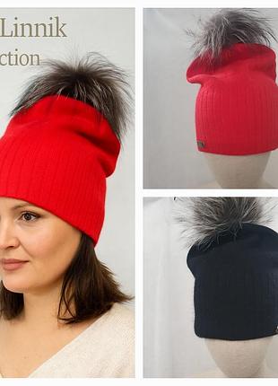 Червона шапка вовна/ангора з пампоном