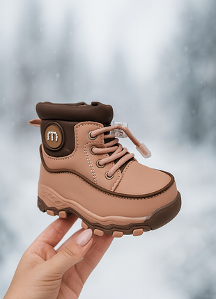 Дутіки зимові дитячі для дівчинки рожеві з коричневим,дуже легенькі,гнучкі,м'які,теплі та зручні,на замочку та затяжці,на овчині