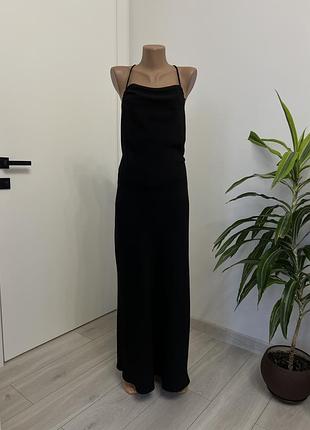 Платье черное без рукавов длинное в пол с открытой спиной на завязках облегающее свободное с разрезом xs s 34 36 вечернее новое