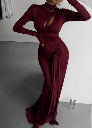 Жіноча повсякденна класична міді сукня плаття з вирізом декольте та з довгим рукавом тканина мікродайвінг