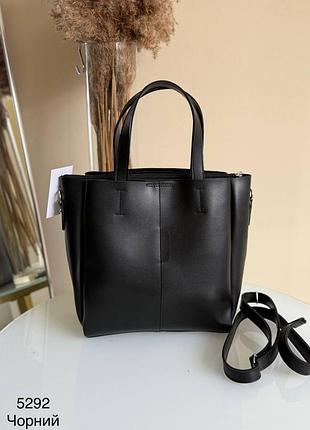 Женская сумка большая черная трапеция из кожзама из эко кожи с длинными ручками и ремешком через плечо шоппер