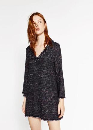 Твидовое платье,платье с бахромой,zara,34/xs