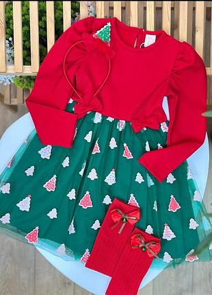 Детское праздничное новогоднее платье красная зеленая фатин рисунок елки для девочки