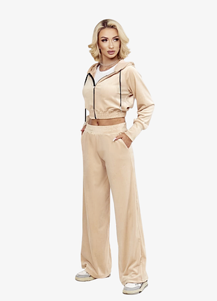 Спортивный костюм с укороченым бомбером, футболкой и штанами палаццо, турецкий трикотаж двунить