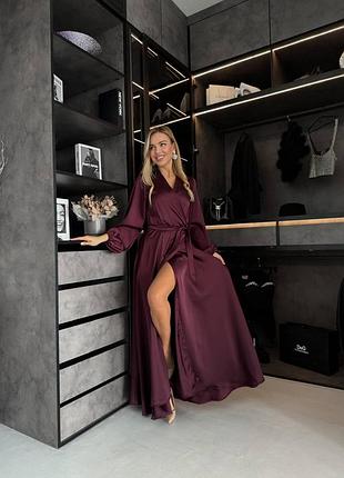 Шелковое платье макси на запах с поясом бордовый