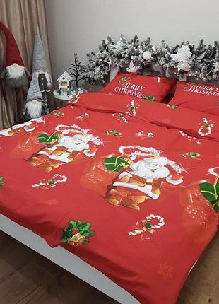 Комплект евро новогоднего хлопкового постельного белья бязь голд