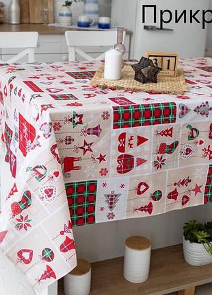Новогодняя праздничная скатерть красная со снегирями/скатерть льняная