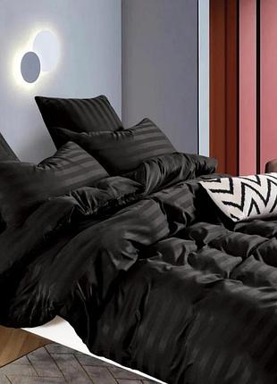 Постельное белье евро страйп сатин черное с простынью на резинке