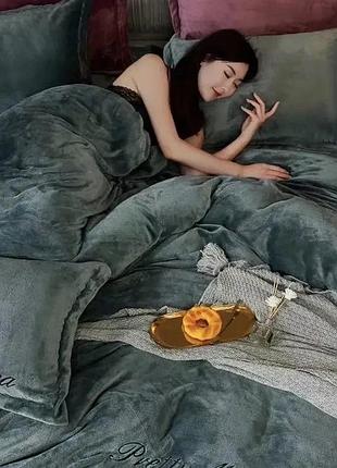 Велюровое теплое постельное белье моника полуторный комплект морская волна