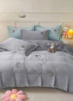 Велюровое постельное белье полуторный комплект с мишками