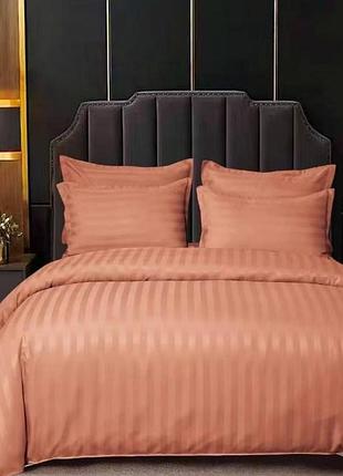 Постельное белье евро страйп сатин с простынью на резинке терракотовое
