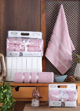 Набор махровых турецких полотенец из 4 шт для лица и тела пудровый, 4