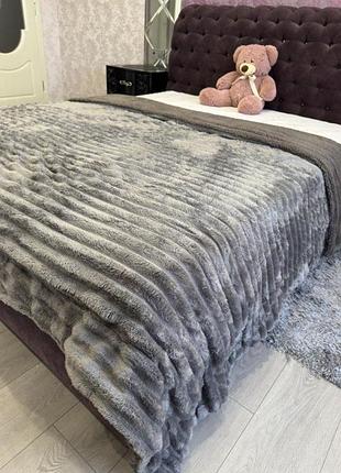 Двусторонний плед "шарпей" на овчине 200х220/покрывало полоска/велюровое покрывало