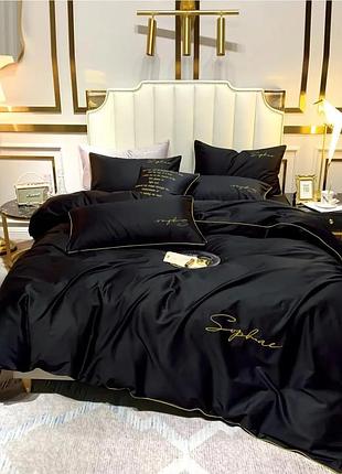 Постельное белье семейное черное крэп сатин с вышивкой crown