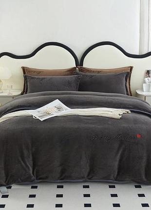 Велюровое теплое постельное белье моника евро комплект графит