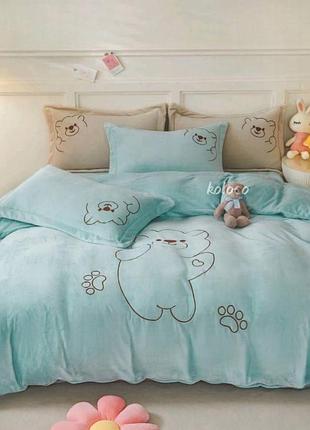 Велюровое постельное белье полуторный комплект с мишками