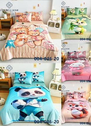 Детское полуторное сатиновое постельное белье с летним одеялом