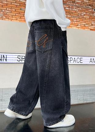 Трендові широкі джинси баггі на резинці у чорному кольорі