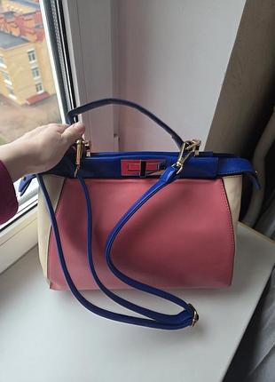 Сумка женская розовая с синими ручками kingant. искусственная кожа.