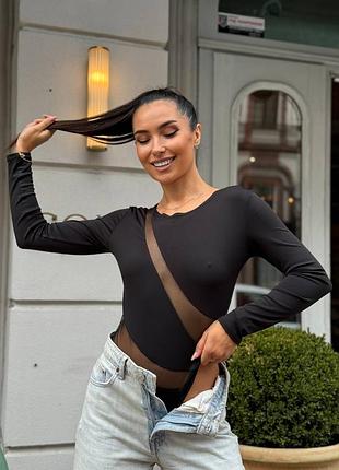 Женский боди комбидресс со вставками сетки длинный рукав черный нарядный