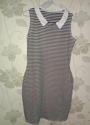 Винтажное платье платье платье в морском стиле полоску белый воротничок черно-белое